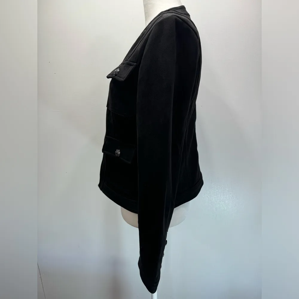 Black Faux Suede Military Style Jacket with Pockets Carmen Marc Valvo Size Small - Image 5
