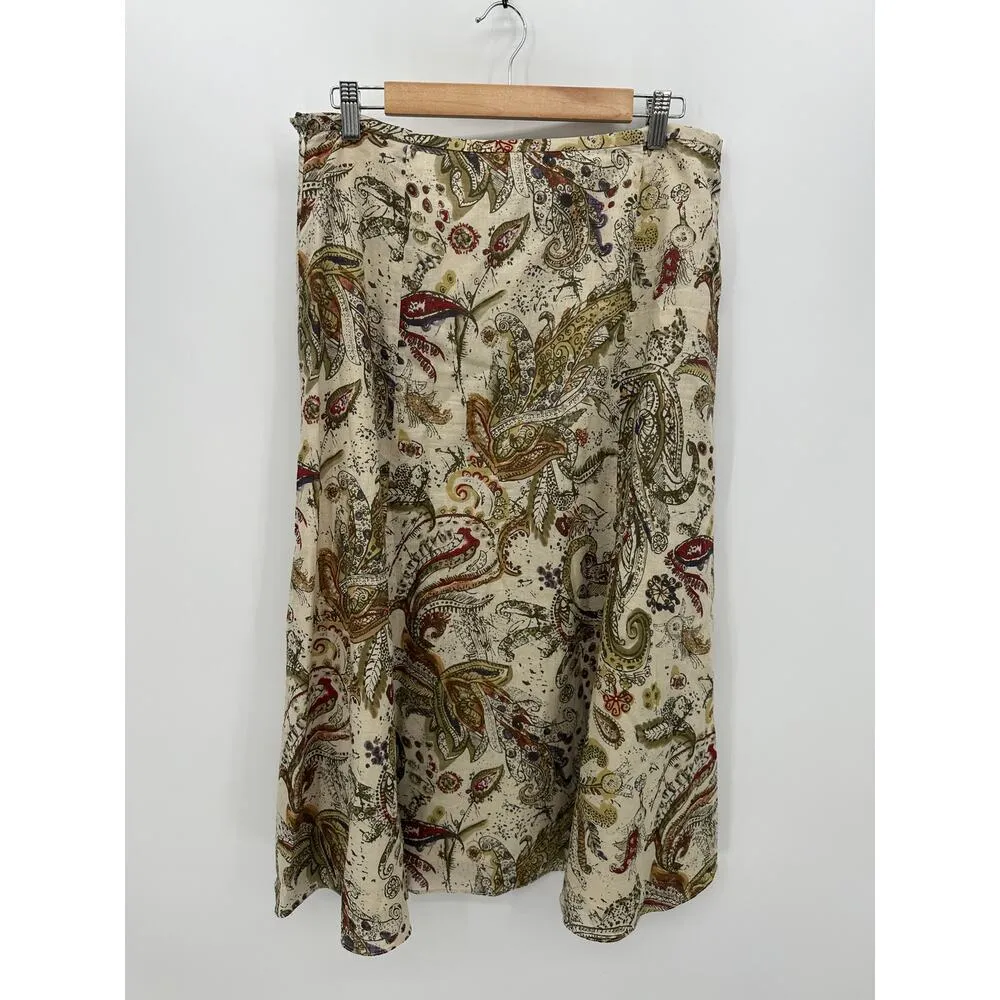 Joneswear Midi Skirt Women 12 Linen Cotton Neutral Brown Paisley Cottage Ruffle Tan - Image 2