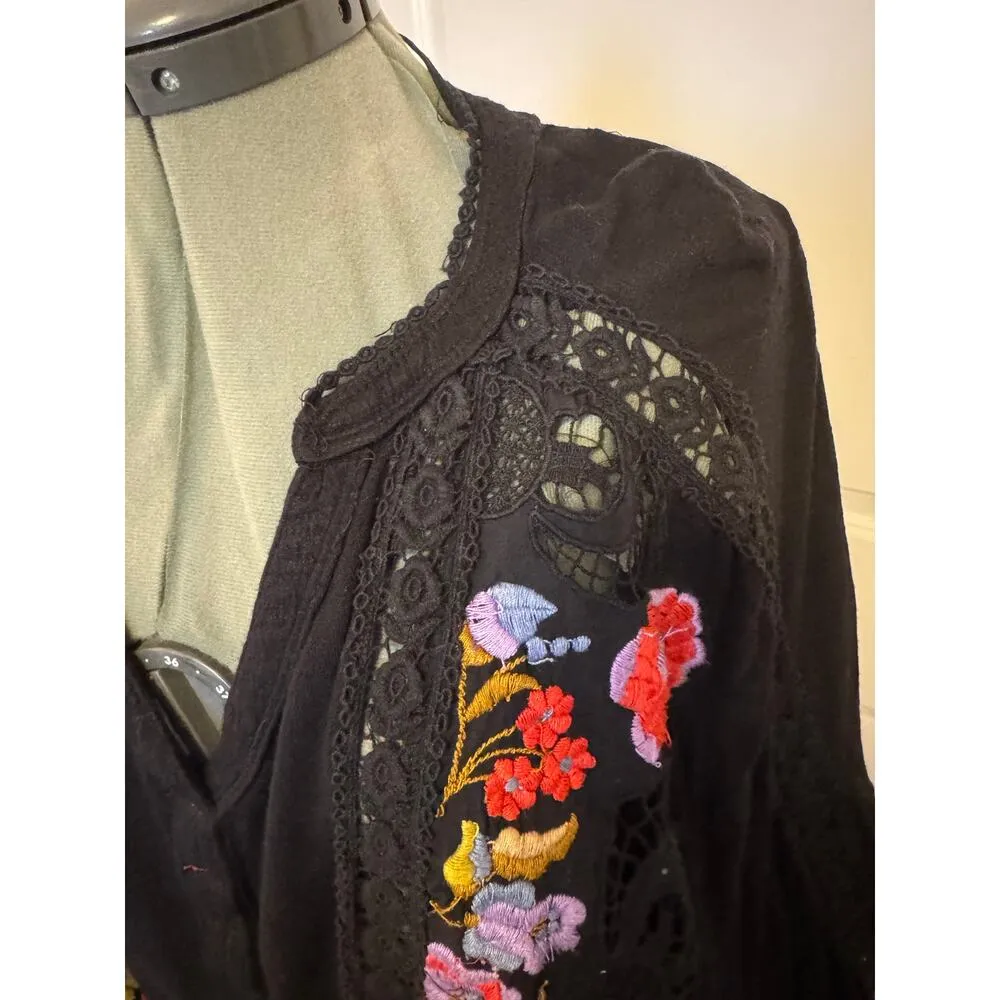 Free People Serafina Boho Embroidered Crochet Black Colorful Top Medium - Image 6