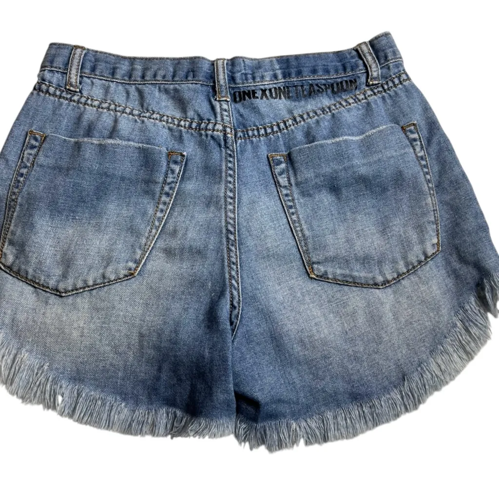 One X One Teaspoon Blue Denim Fringe Hem High Rise Shorts Size 26 - Image 6