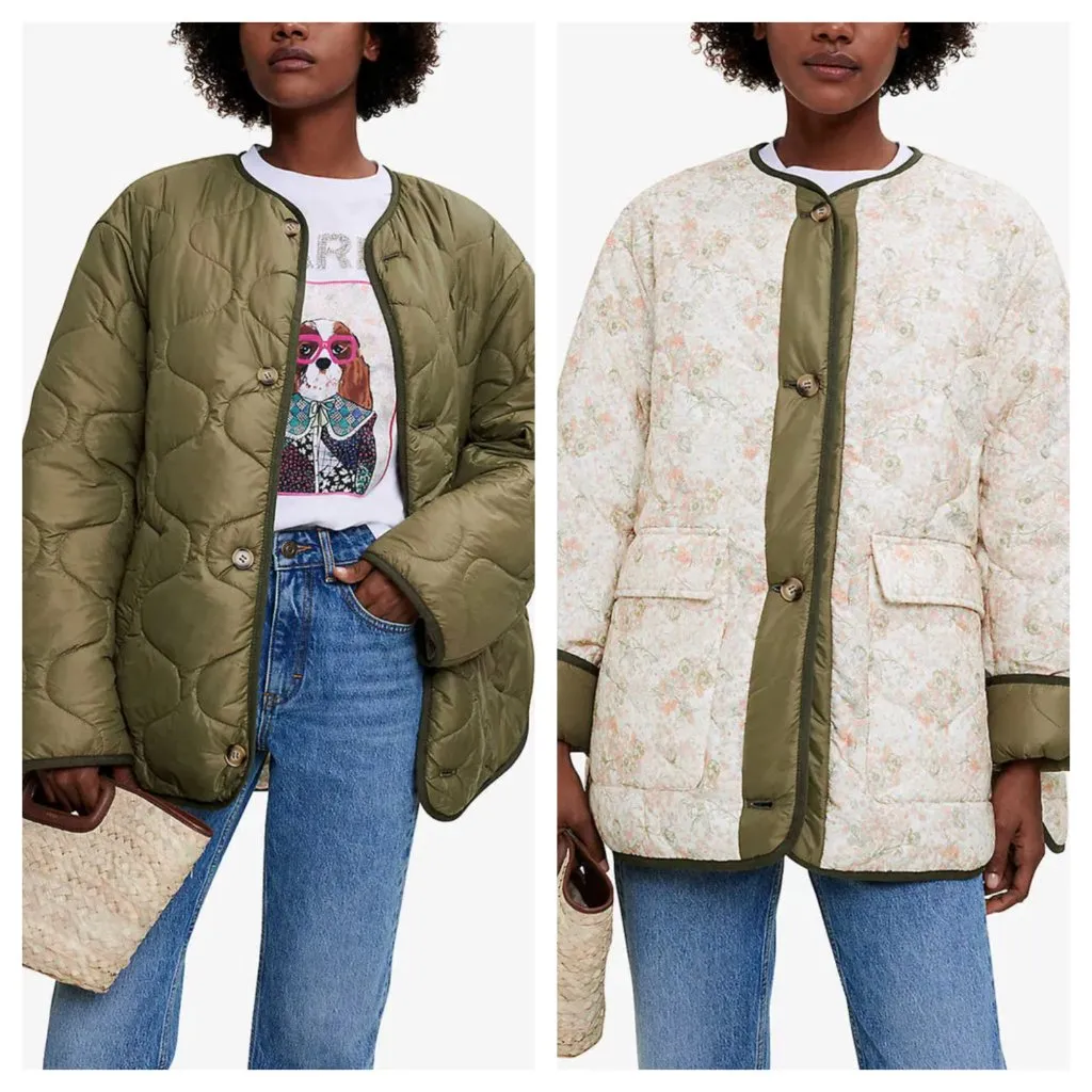 NEW Maje Brandino Reversible Down Jacket Green Fleur Rose Floral Women's 1 XS - Image 2