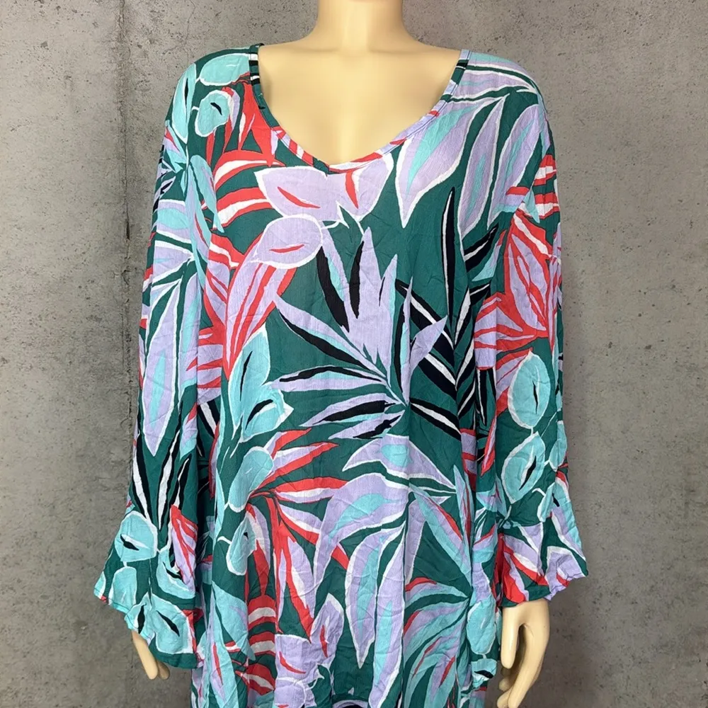 Anne Cole Green and Pink Swim Coverup with Bell Sleeves Xl/XXl - Image 3