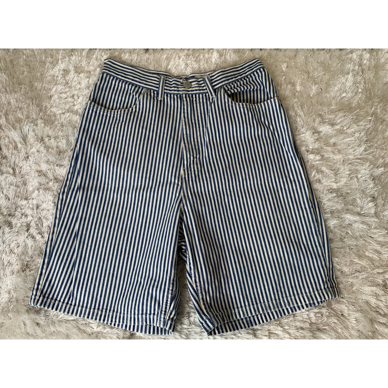 Vintage High Waist Blue Striped Jean Shorts 29" waist Fisherman Core - Image 2