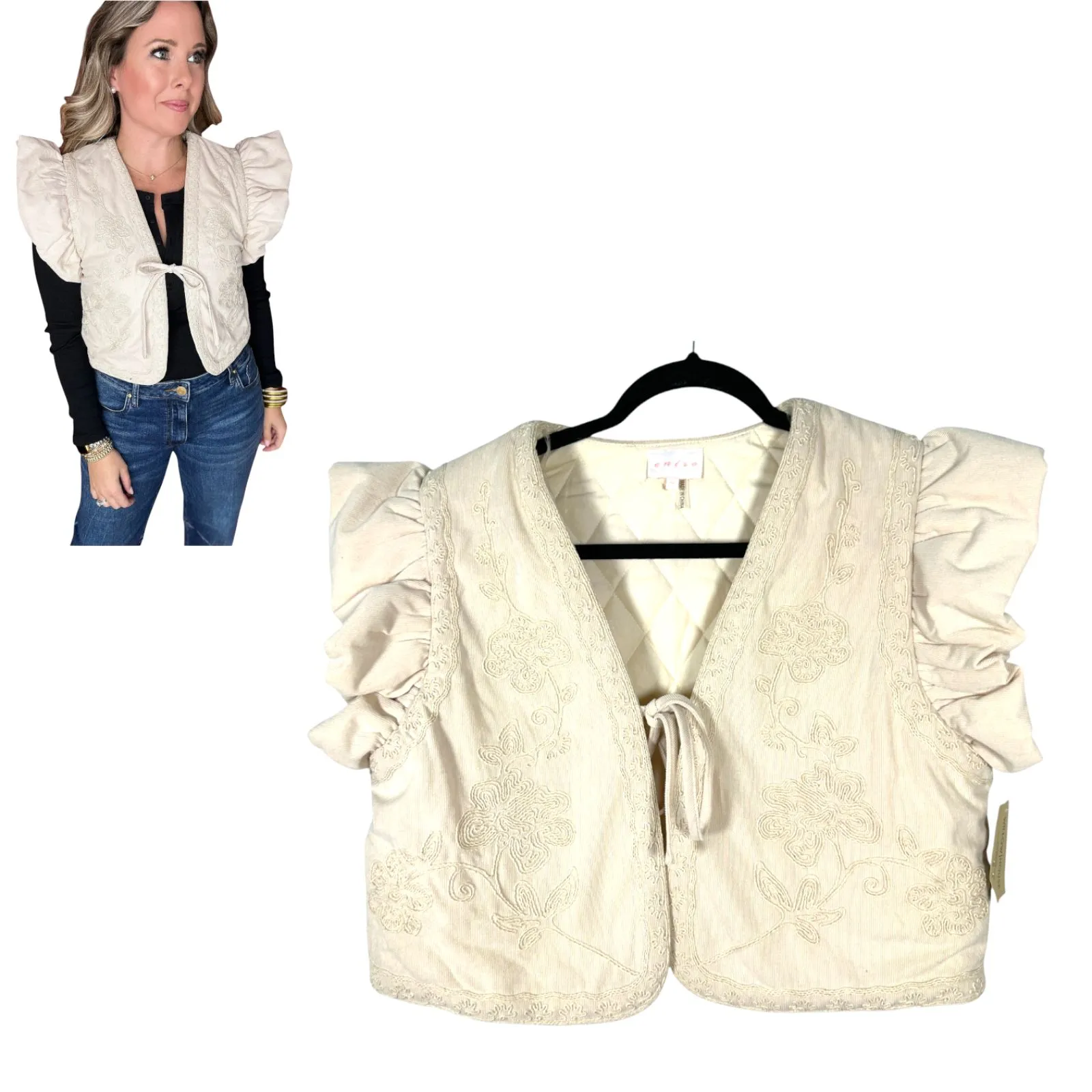 Entro Veada Embroidered Cream Floral Quilted Topper Tie Medium NEW with Tags - Image 2