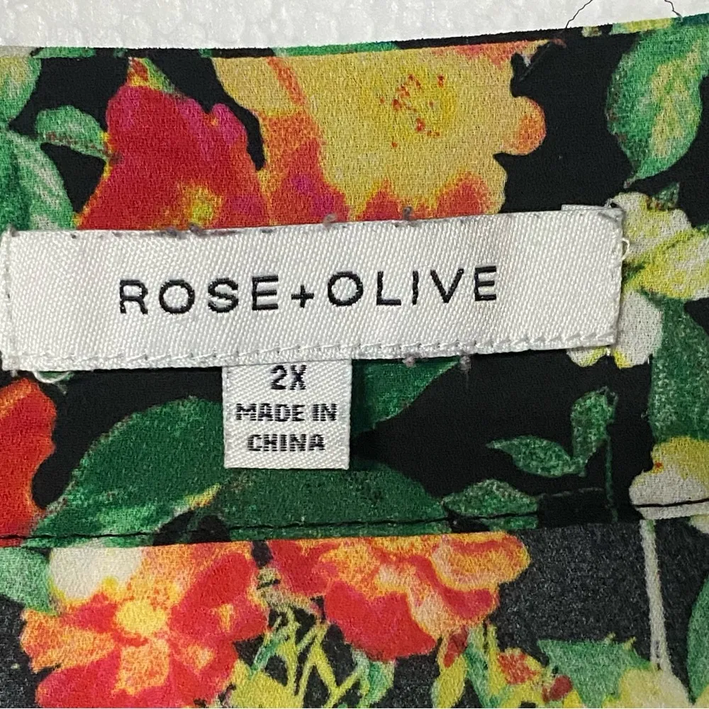 Rose + Olive Top Women 2X Black Colorful Floral V Neck Tunic 3/4 Sleeve Summer - Image 2
