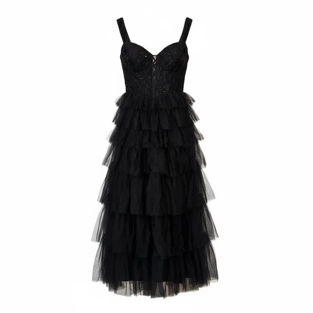 Blondie Nites "Charlotte" Long Mesh Off the Shoulder Ruffle Skirt Dress Size 13 - Image 7