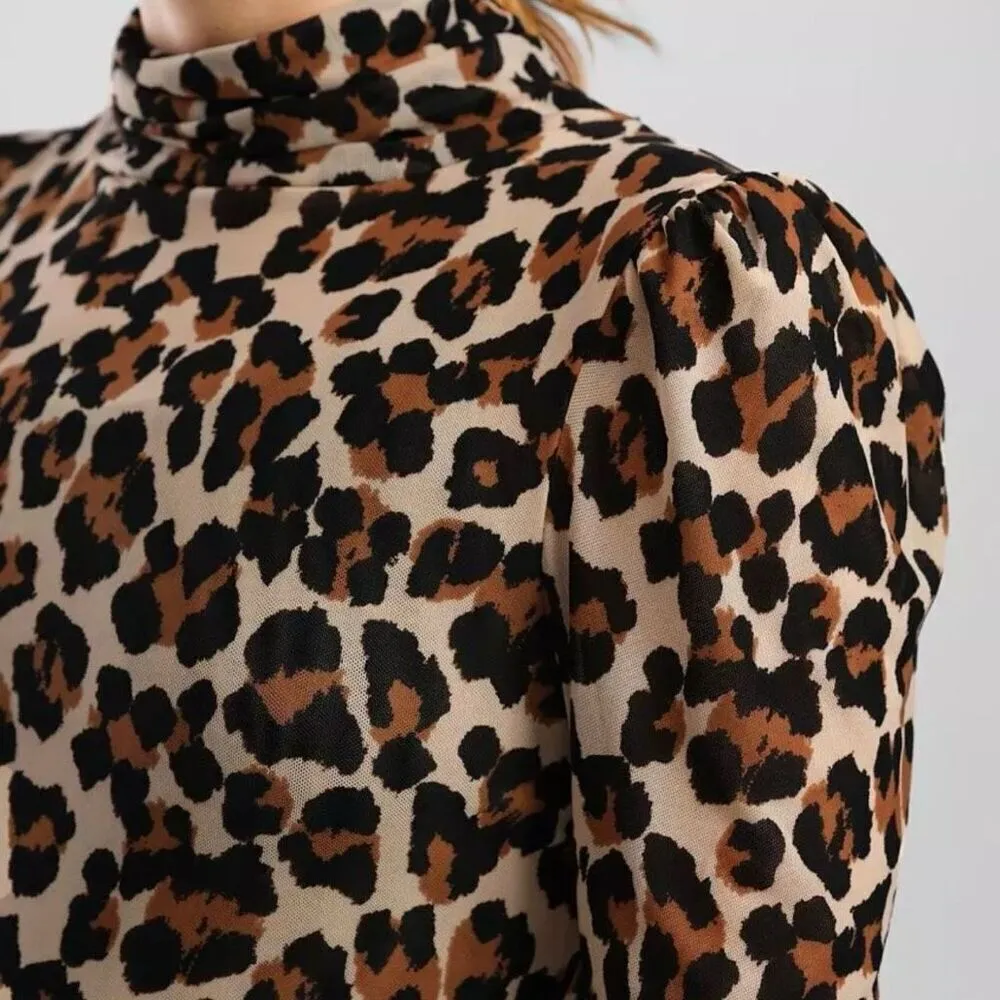 FREE PEOPLE | Gather Turtleneck Top Leopard Brown Black Tan Stretch | Medium - Image 4