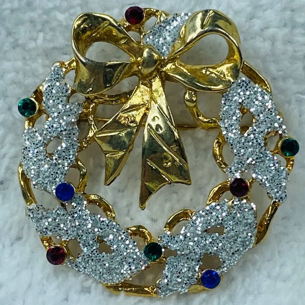Christmas Holiday Wreath Jewelry Pin Brooch Rhinestones Gold Tone Bow Glitter - Image 13