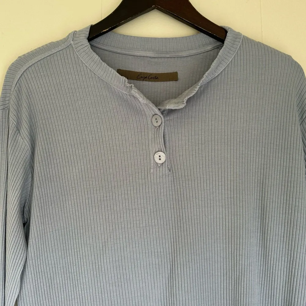 ENZA COSTA Light Blue Rib Henley Button Long Sleeve Small - Image 4