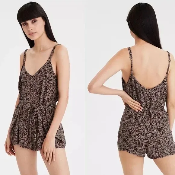 American Eagle Outfitters AE Brown & Black Leopard Print Sleeveless Romper - S - Image 2