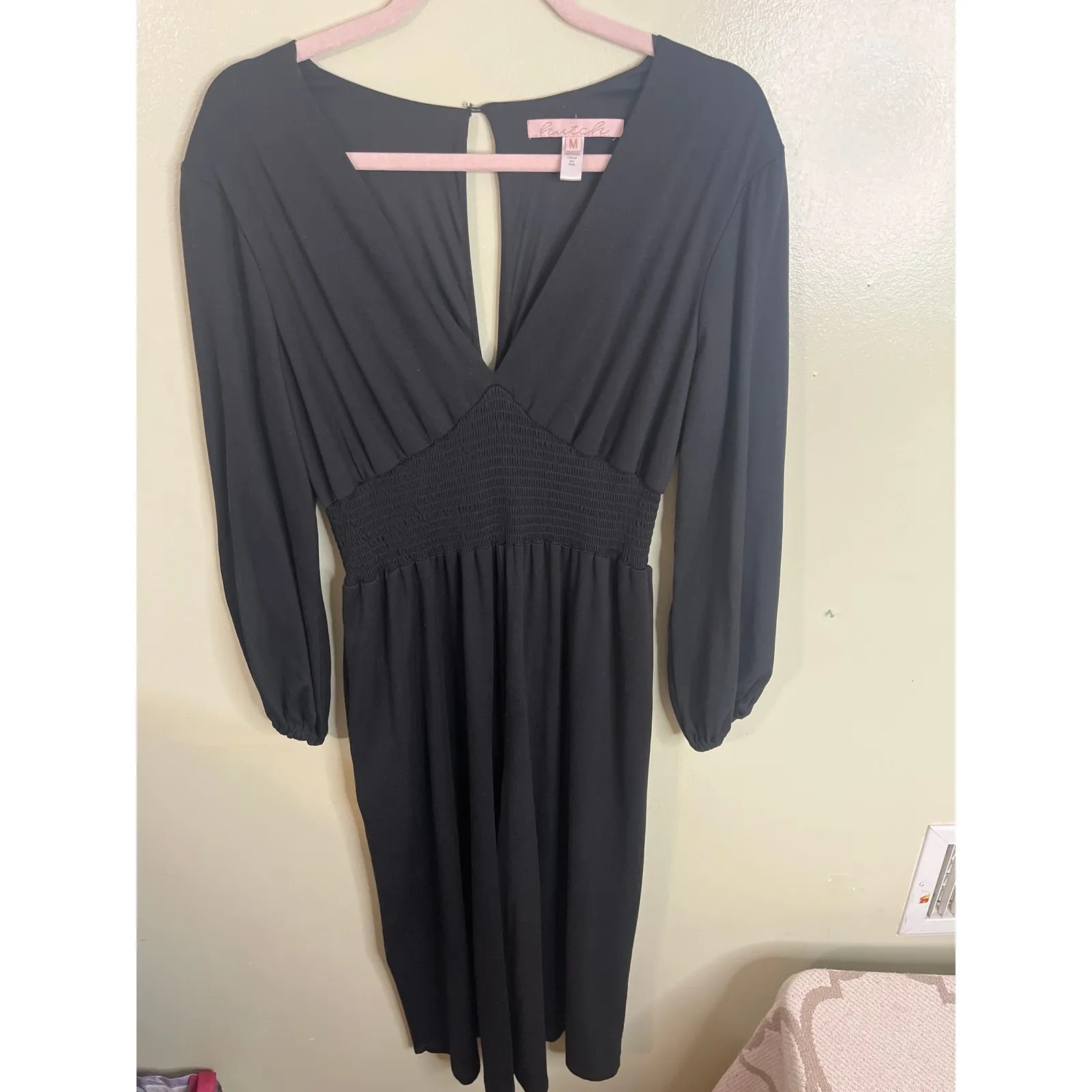 Anthropologie Hutch black jersey knit wide-leg V-neck smocked jumpsuit, size M - Image 5