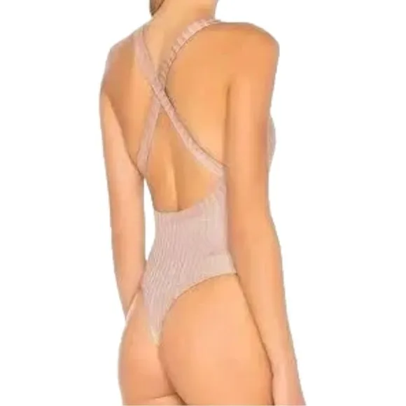 Privacy Please Women’s Size XS Shiny Blush Ribbed Criss Cross Back Nola Bodysuit - Image 2