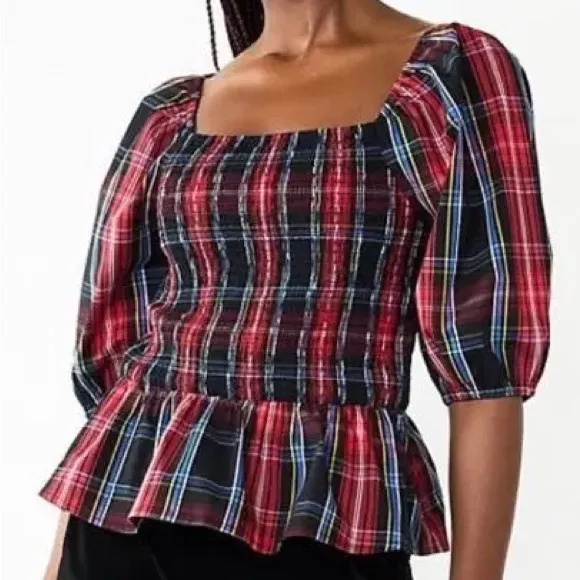 Draper James RSVP Tartan Red Heritage Plaid Puff Sleeve Peplum Shirred Blouse XL - Image 2