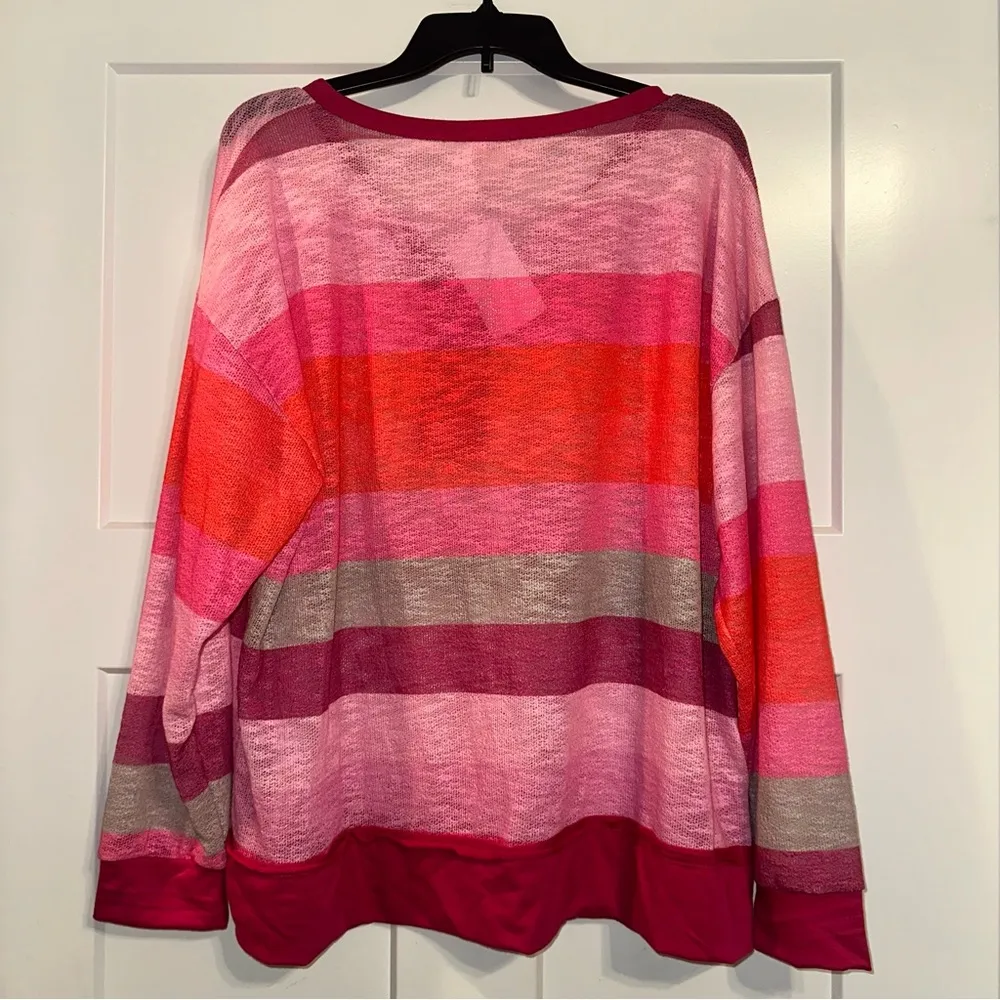 BiBi Pink Orange Tan Striped semi sheer sweater 3 button Large NWT - Image 3