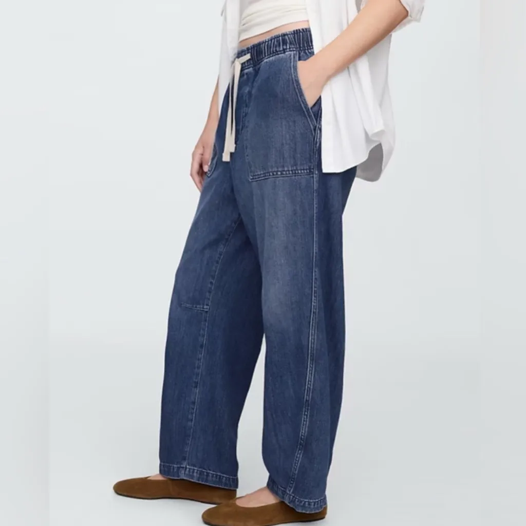 Gap Small Supersoft Pull On Barrel Jeans Drawstring Comfy Lounge Relax Dark Wash - Image 3