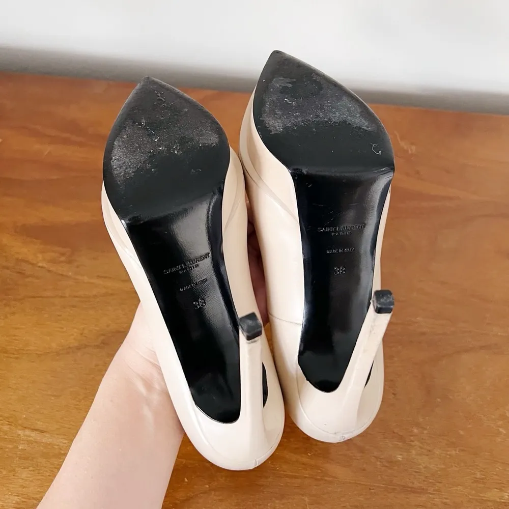 SAINT LAURENT • Janis 105 Cap-Toe Platform Pump two tone beige nude black heels - Image 12