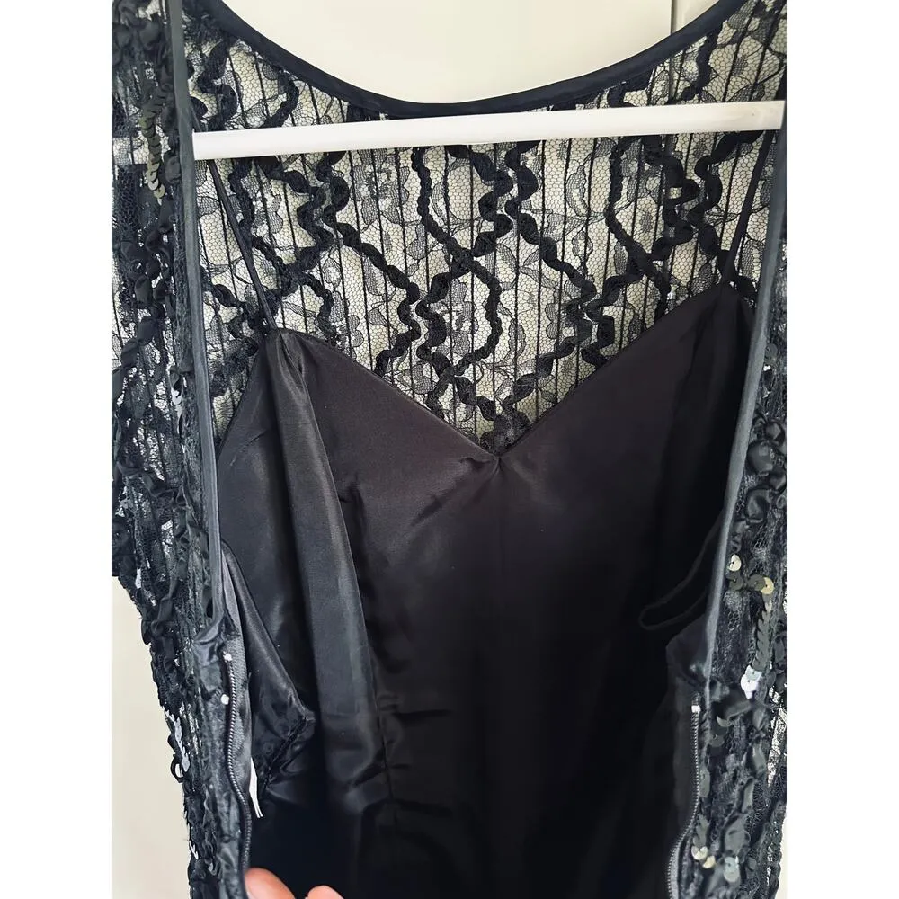 Vintage 80s Formal Party Dress Black Lace Sequin Midi Fit Size Medium Fitted - Image 10