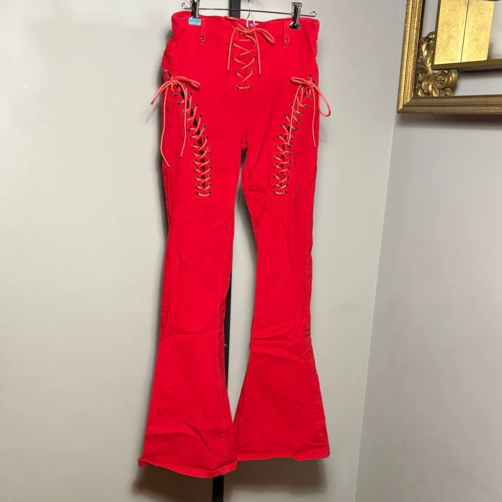 Edikted x Dolls Kill Small Engine Red Corset Flare Jeans Pants - Image 2