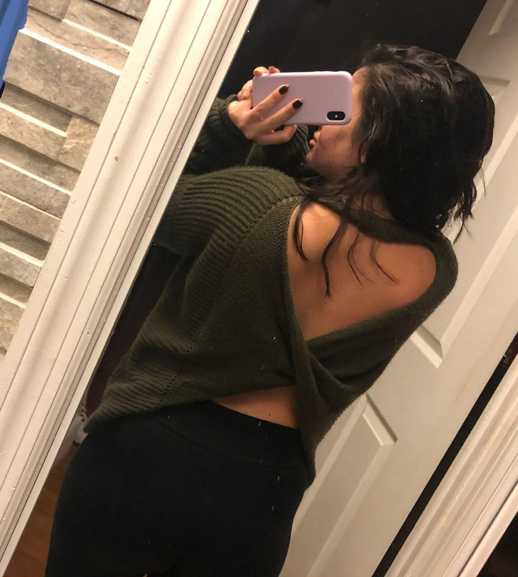 Olive Green Open Back Knit Sweater Size M - Image 2