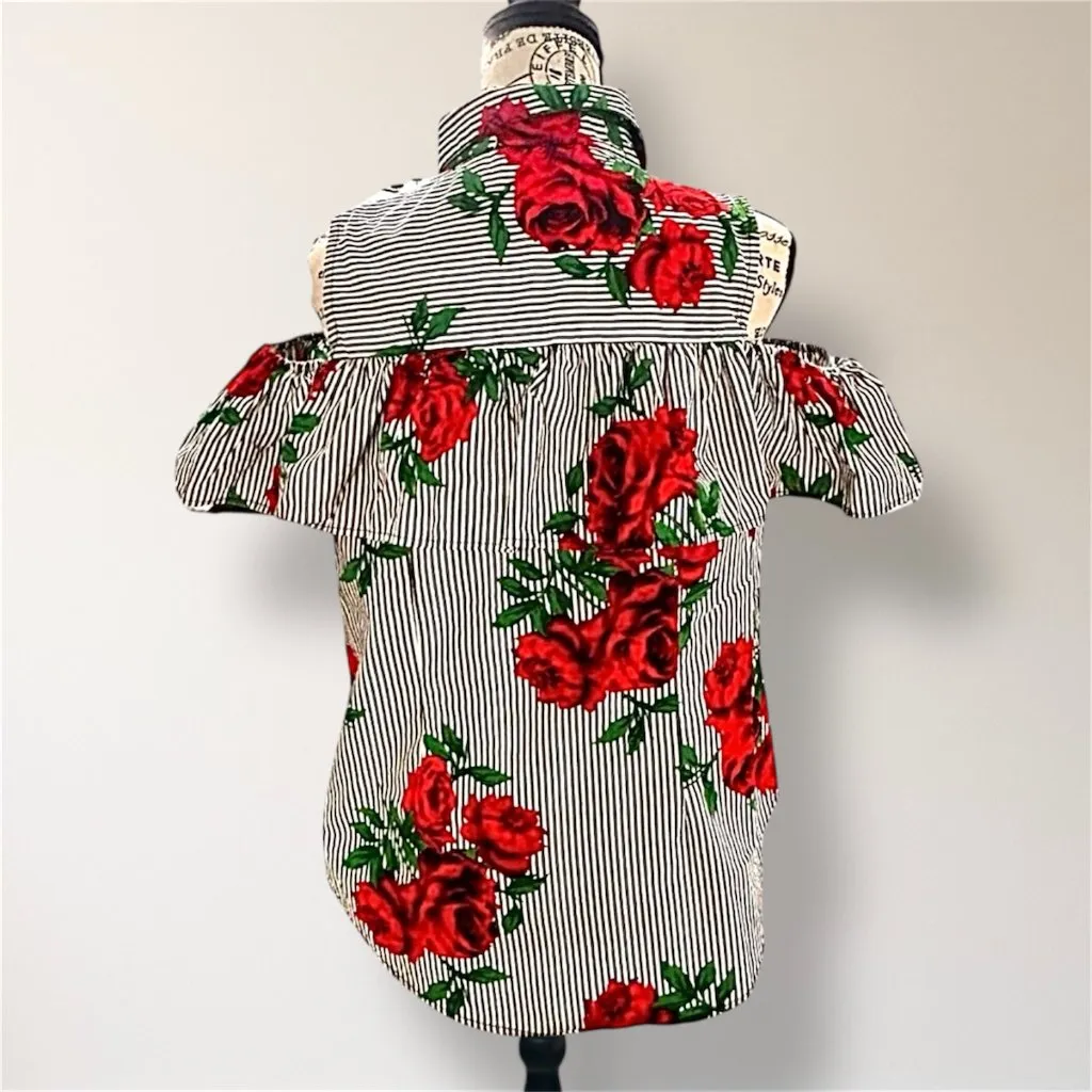 Blush XL Red Floral Stripe Cotton Cold Shoulder Ruffle Button Front Blouse Boho - Image 5