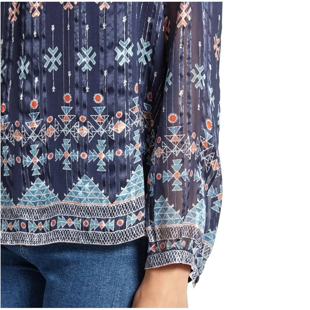 Joie Sendoa Metallic Silk Geometric Print Blouse In Navy - Image 3