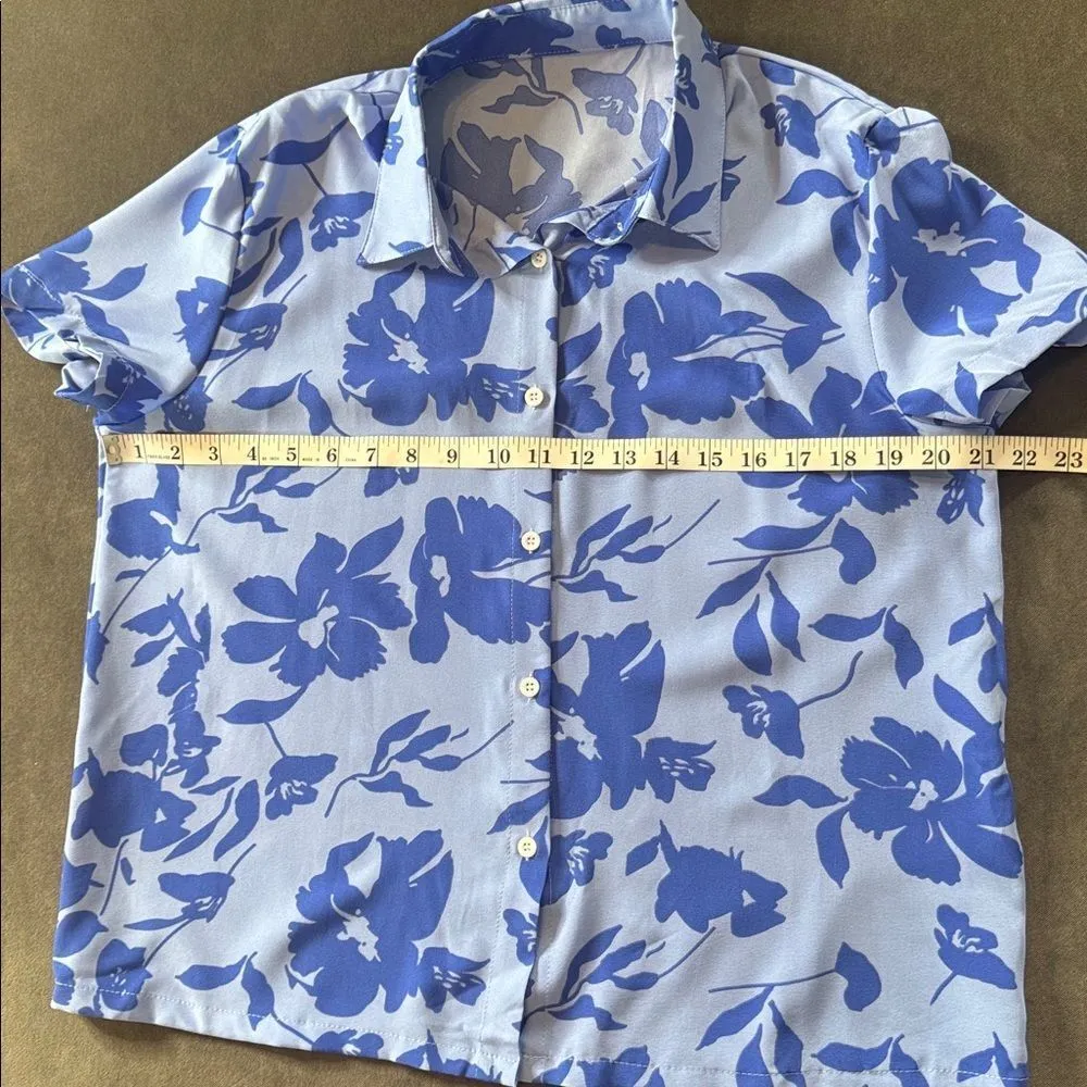 Women’s Blue Floral 2 Piece Button Up Shirt & Shorts Pajama Set Size L NEW Blue Size L - Image 6