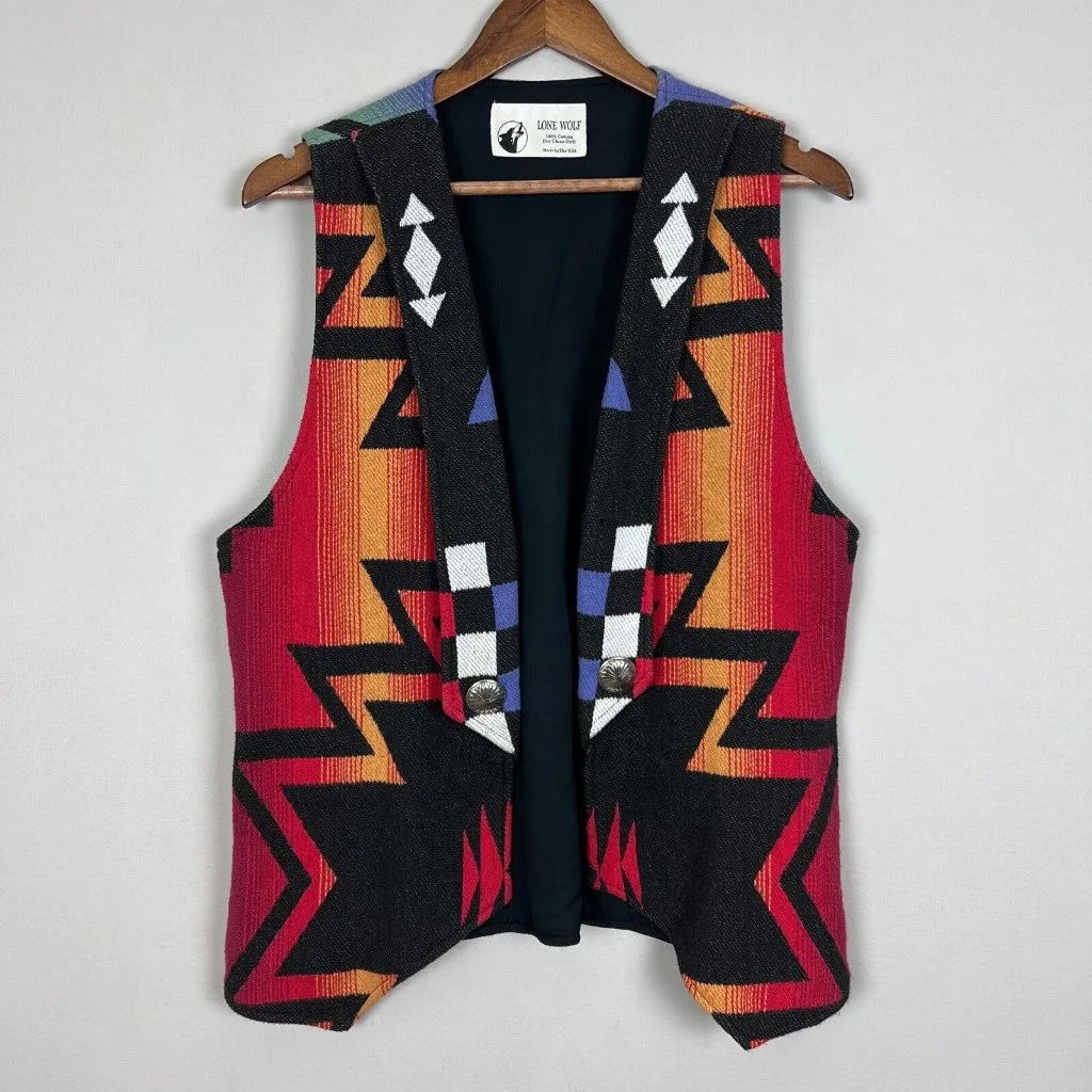 Lone Wolf Vest Womens‎ Small Multicolor Southwestern Aztec Open 100% Cotton S Black - Image 10