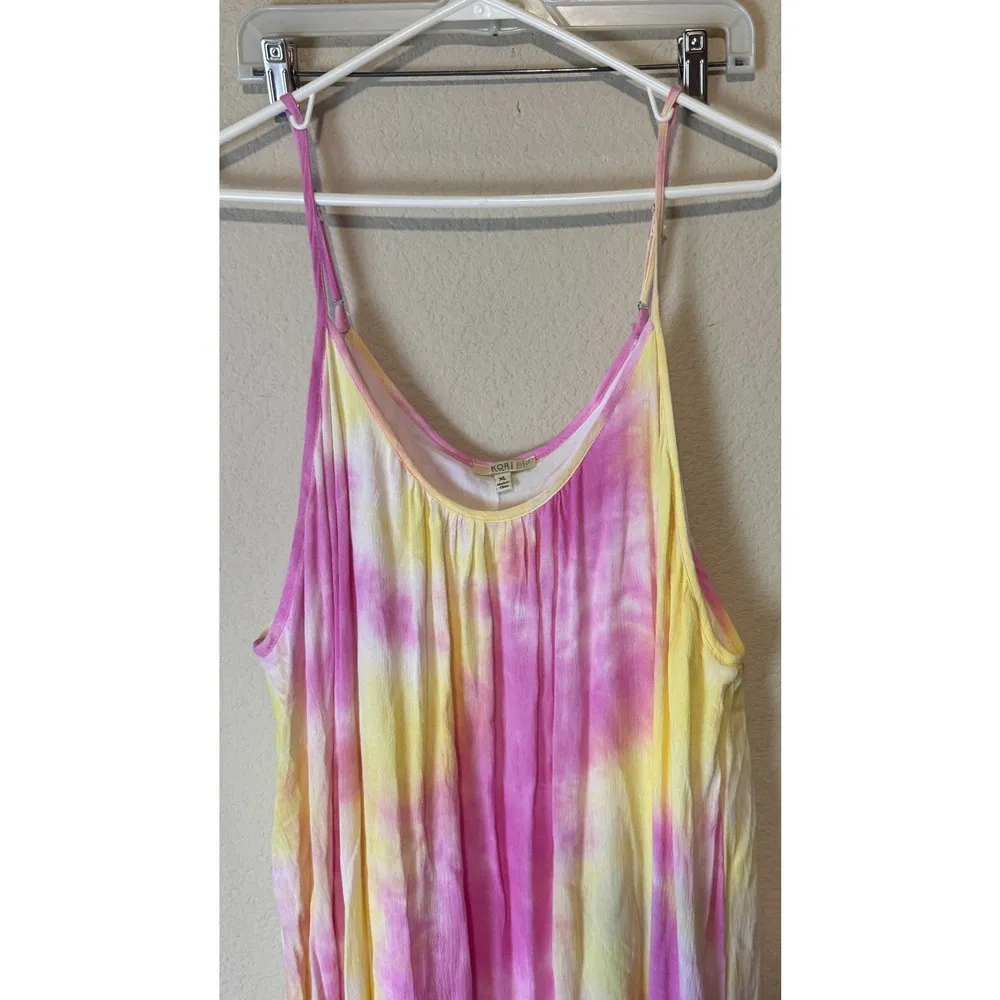 Pink & Yellow Tie Dye Maxi Dress XL Kori Sleeveless gauzy flowy vacation cruise - Image 2