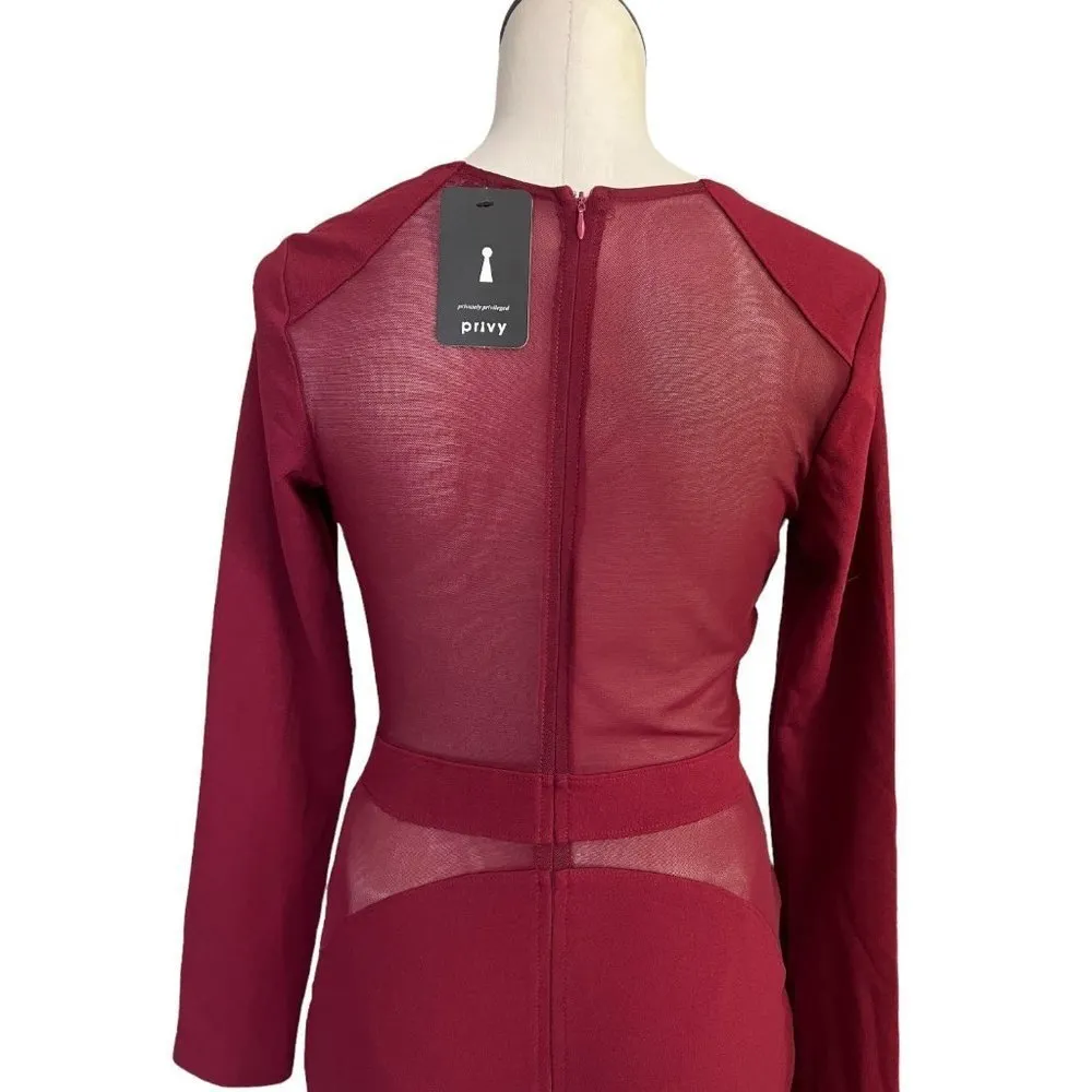 Burgundy Floor Length Grown Deep V-Neckline Mesh Panels Long Sleeve Sexy Privy - Image 4