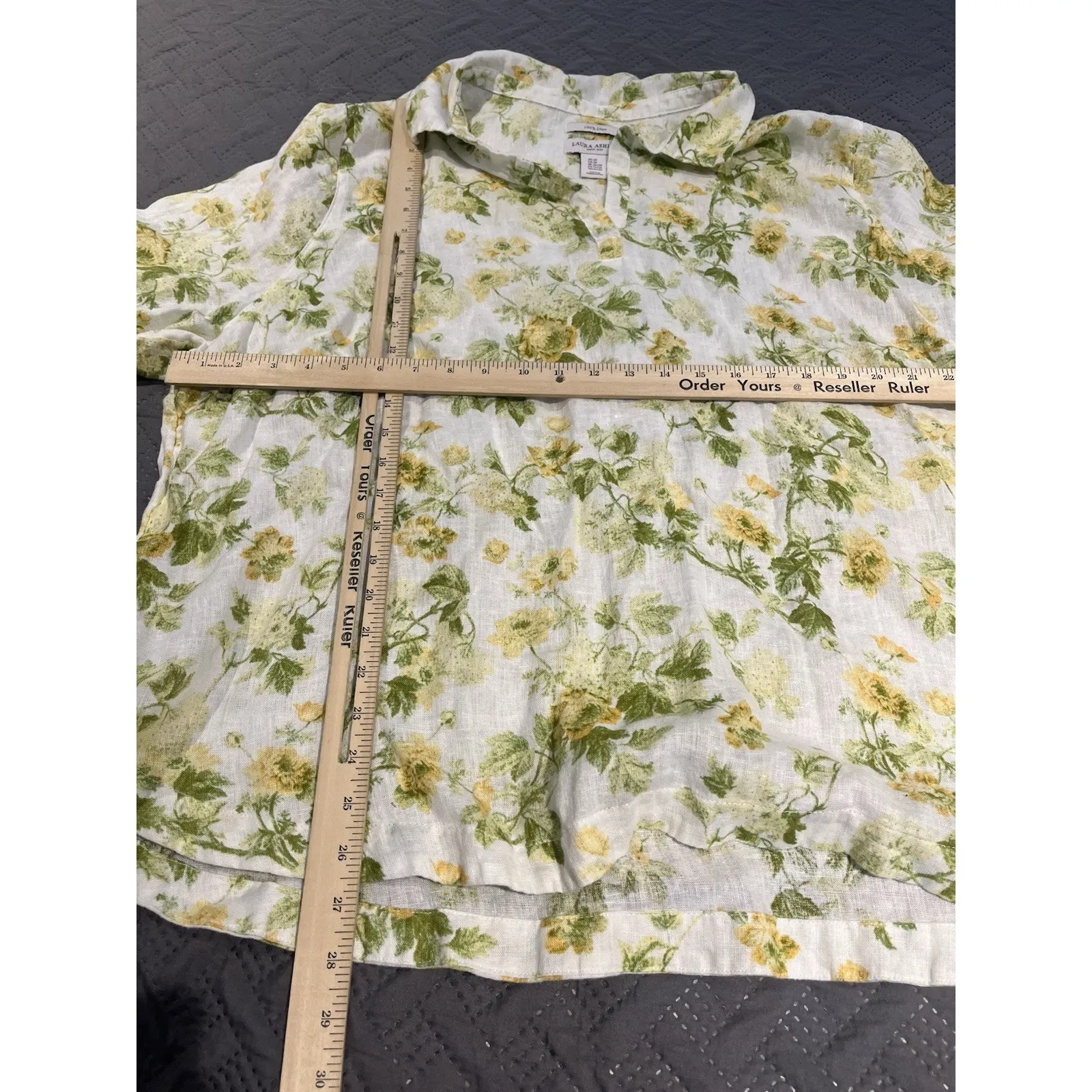 Laura Ashley Shirt 100% Linen Cream Green Yellow Floral Ties Side Hem Women’s 3X - Image 3