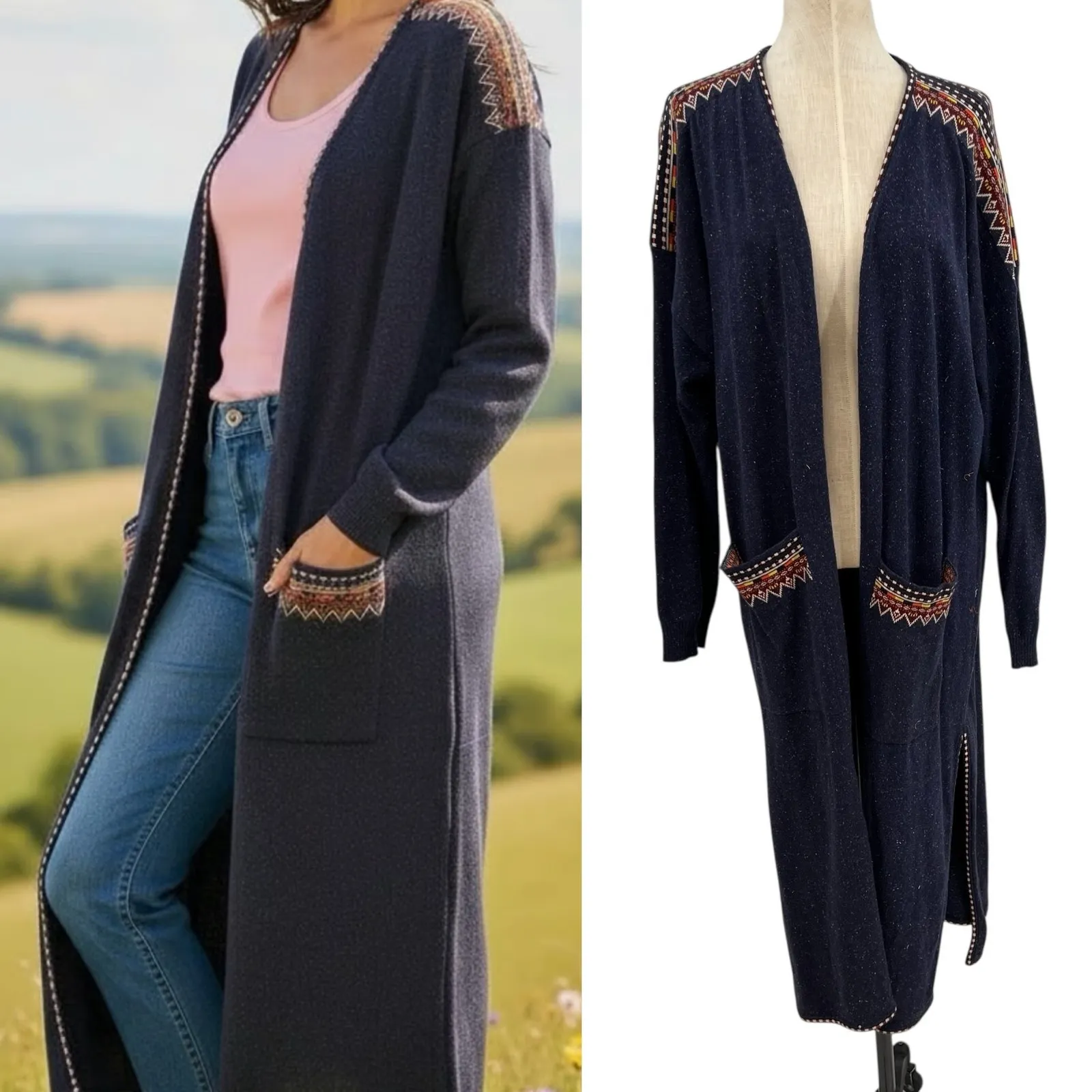 Soft Surroundings Aztec Embroidered Duster Cardigan Sweater Blue Plus Size 2X - Image 2