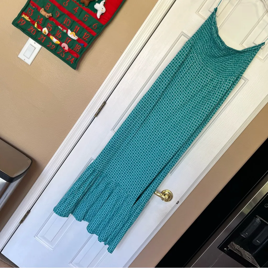 Michael Kors Strapless Maxi Dress Geometric Print Large Tube Maximalist Euc Knit Green - Image 2