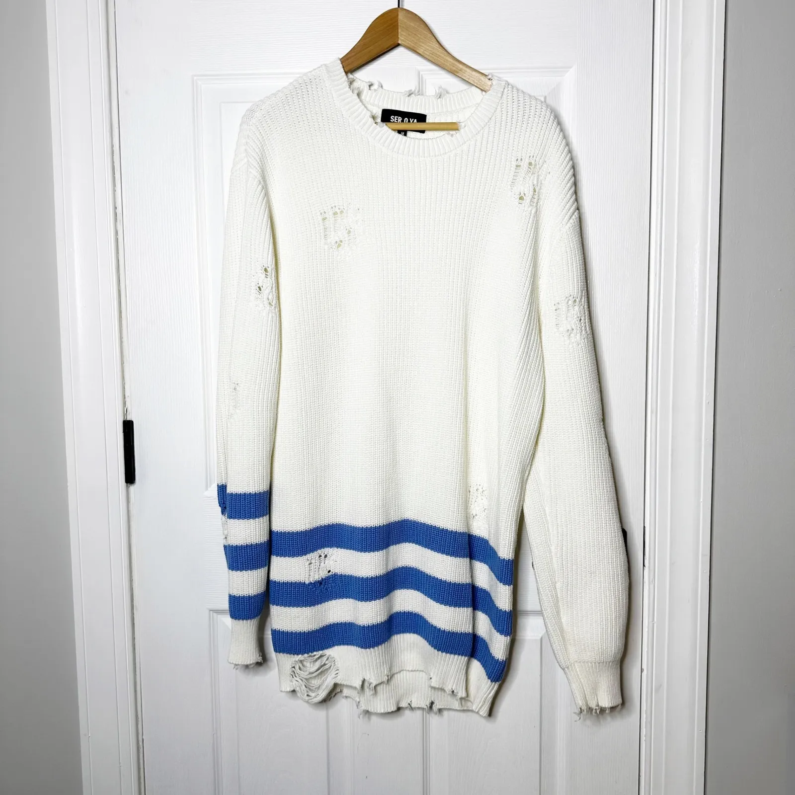 Ser.o.ya Distressed Striped Sweater White Blue Striped Oversized Knit Size M Size M - Image 2