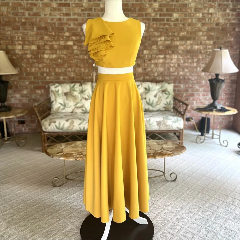 TS Couture 2 Piece Midi Skirt Set Mustard Yellow Cropped Ruffle Top NWT 0 Chic - Image 2