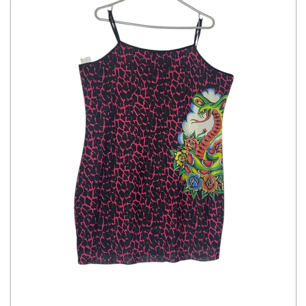 Ed Hardy Plus Size 2X Cobra Roses
Pink Cheetah Mesh Mini Dress
 NWOT Y2K - Image 6