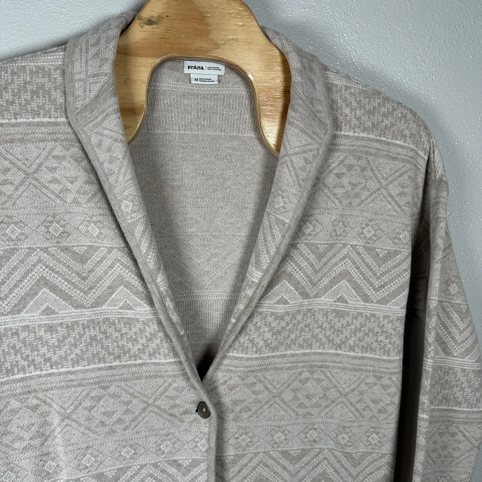 prAna Sevie Long Cardigan Womens Medium Sweater Beige Organic Cotton Wool Aztec - Image 2