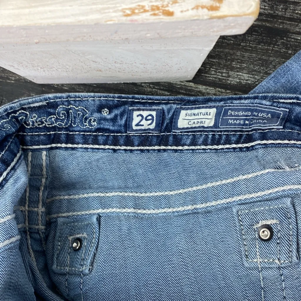 Miss Me Blue Denim Rhinestone & Pearl Embellished Cropped Capri Jeans 29 - Image 4