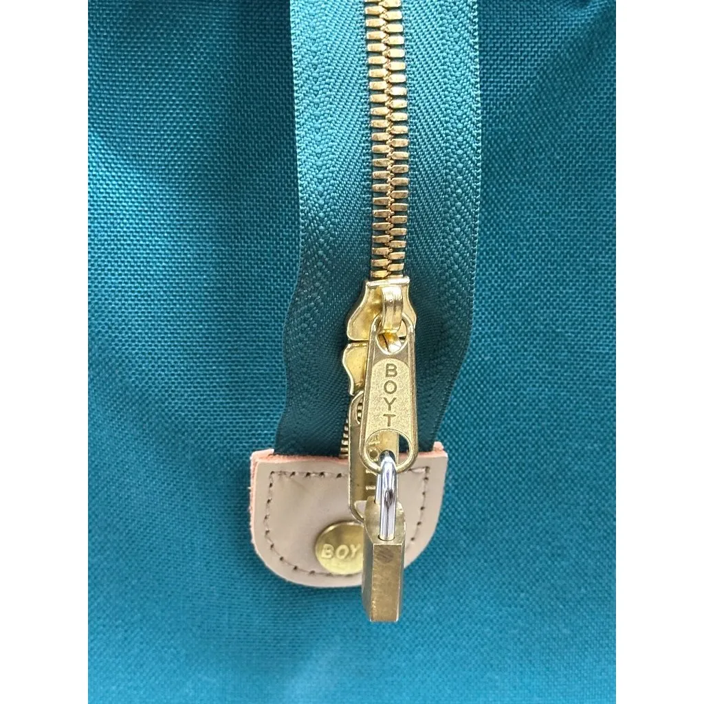 VTG BOYT Canvas Leather Duffle Bag Teal Tan Weekender Travel Tote USA Made Retro - Image 4