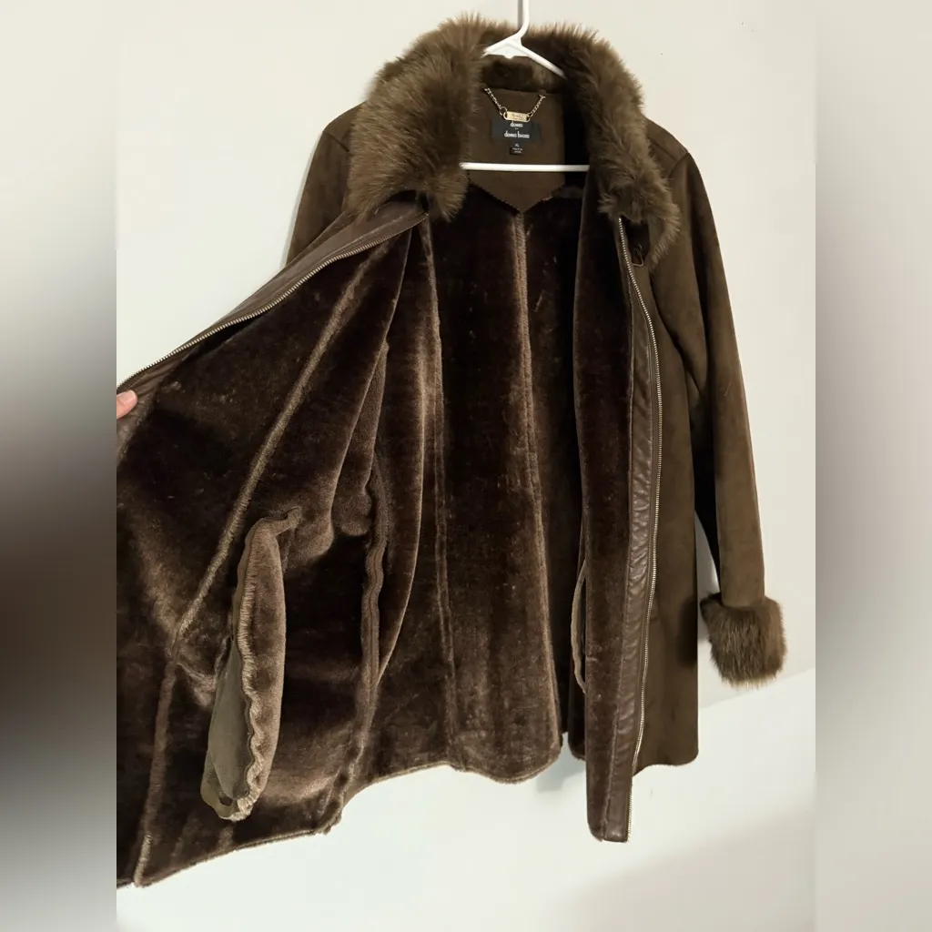 VTG DENNIS BASSO Brown Faux Fur Trimmed Coat Sherpa Warm Boho Eskimo Size XL - Image 8