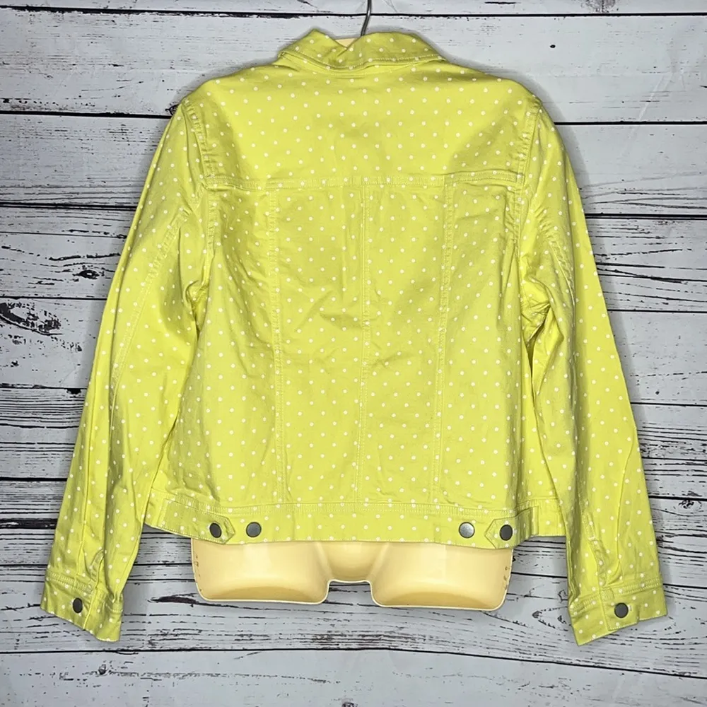 Denim & Co. NWT Size L Yellow & White Polka Dot Cropped Denim Jean Jacket - Image 2