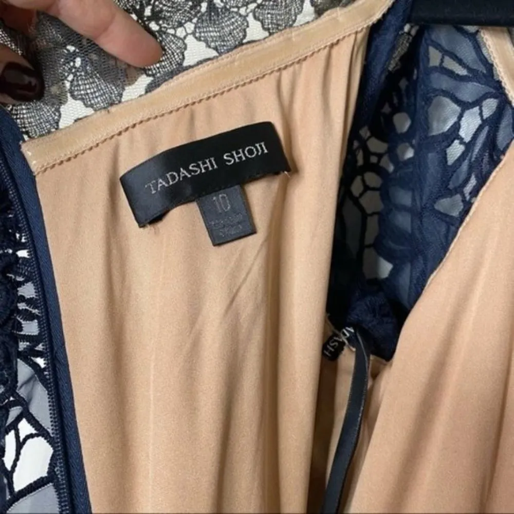 NWT Tadashi Shoji Navy Blue Nude Lace Off The Shoulder Maxi Dress Gown Size 10 - Image 9