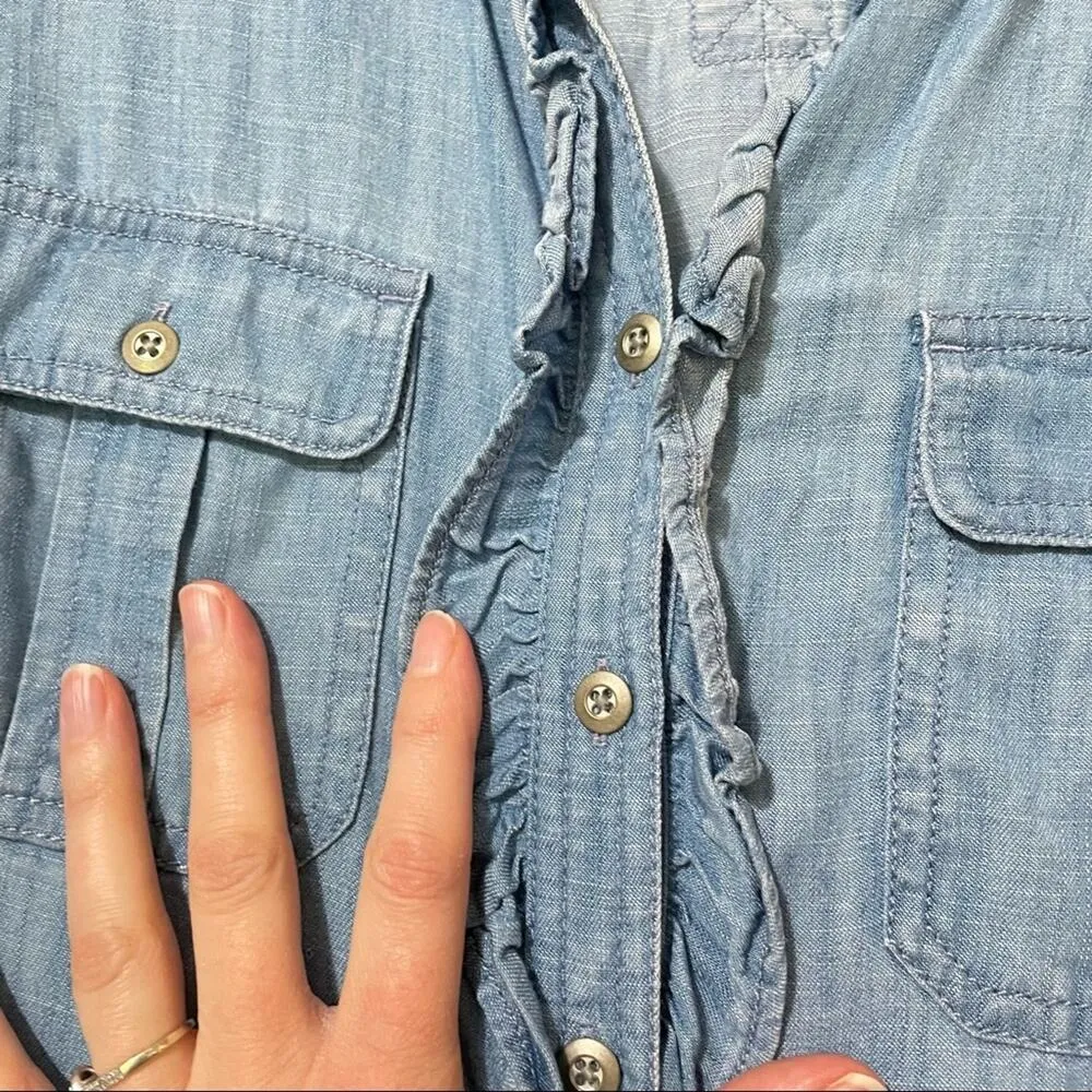 Talbots Ruffled Chambray Button Down Shirt Womens S Coastal Grandma Western Top - Image 7