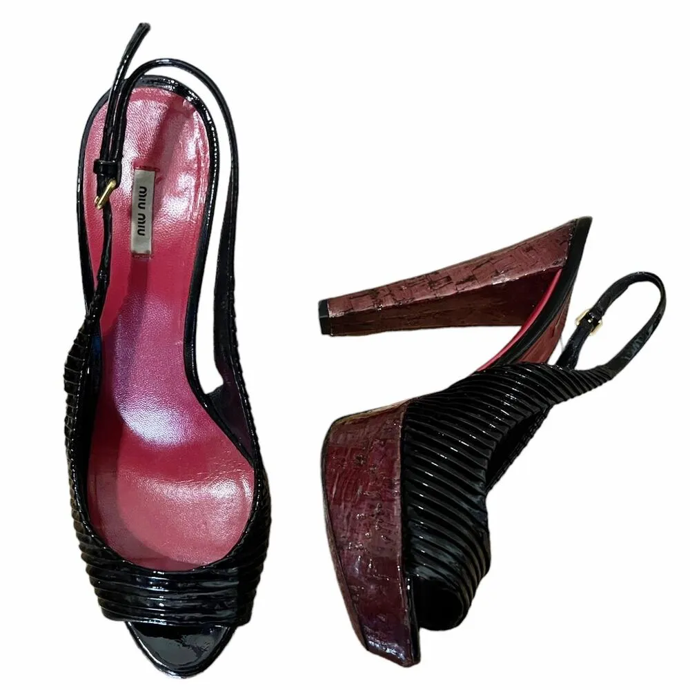 MIU MIU Black Patent Leather Sandals Peep Toe Sling Back Platforms Italy 38.5 - Image 2
