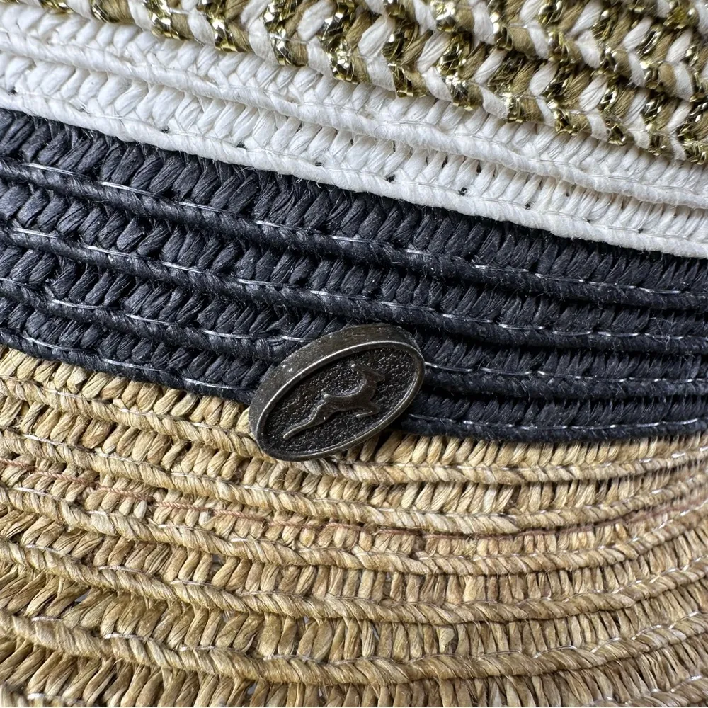 Wide Brim Sun Hat Packable Outdoors Hiking Beach Vacation Straw Metallic Striped Black - Image 5