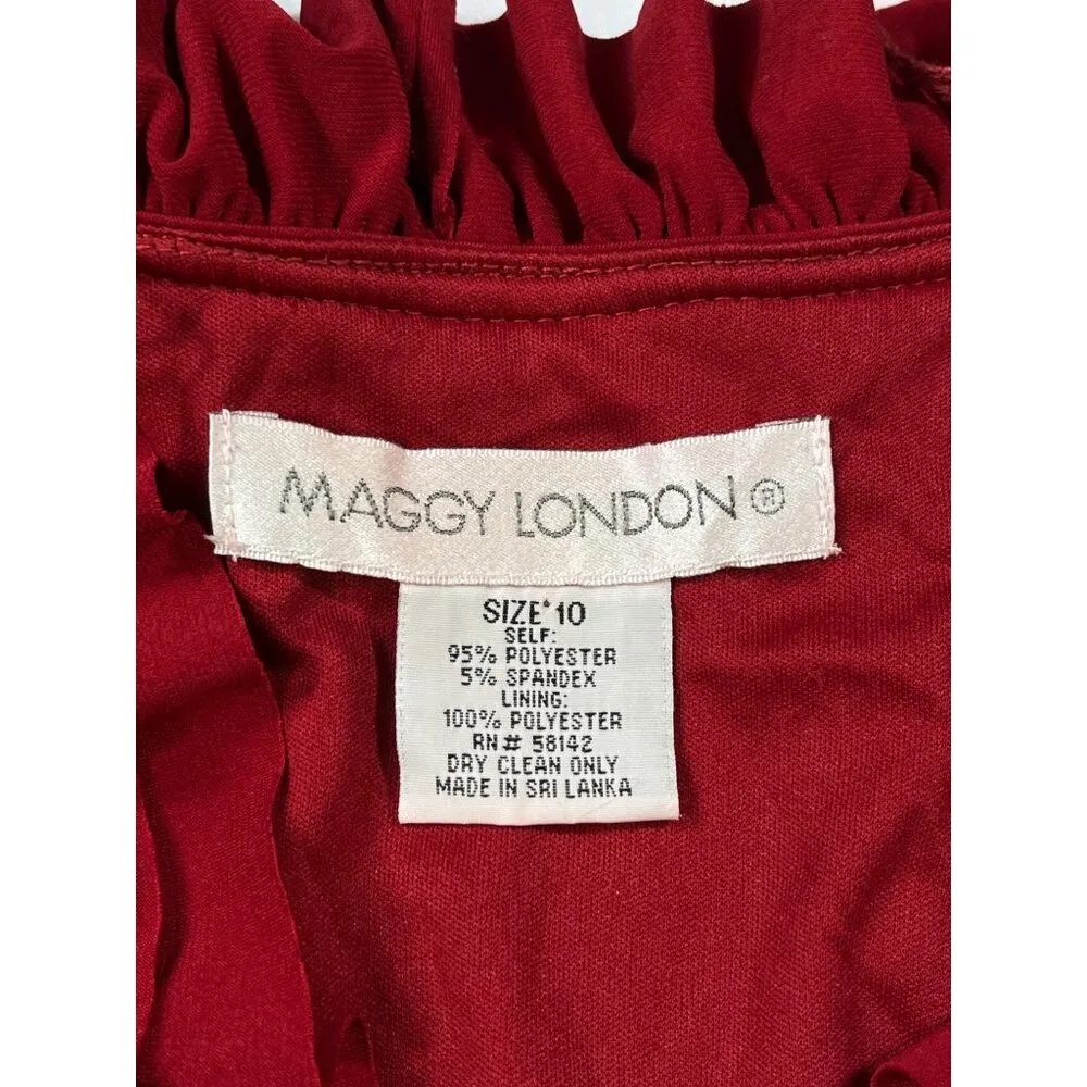 Maggy London SKU 7612 Red Ruffle V-Neck Dress Size 10 - Image 3