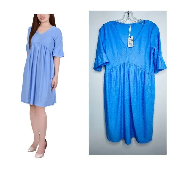 NY Collection Swiss Dot Dress Medium Blue V-Neck Empire Waist Bell Sleeve NWT - Image 2