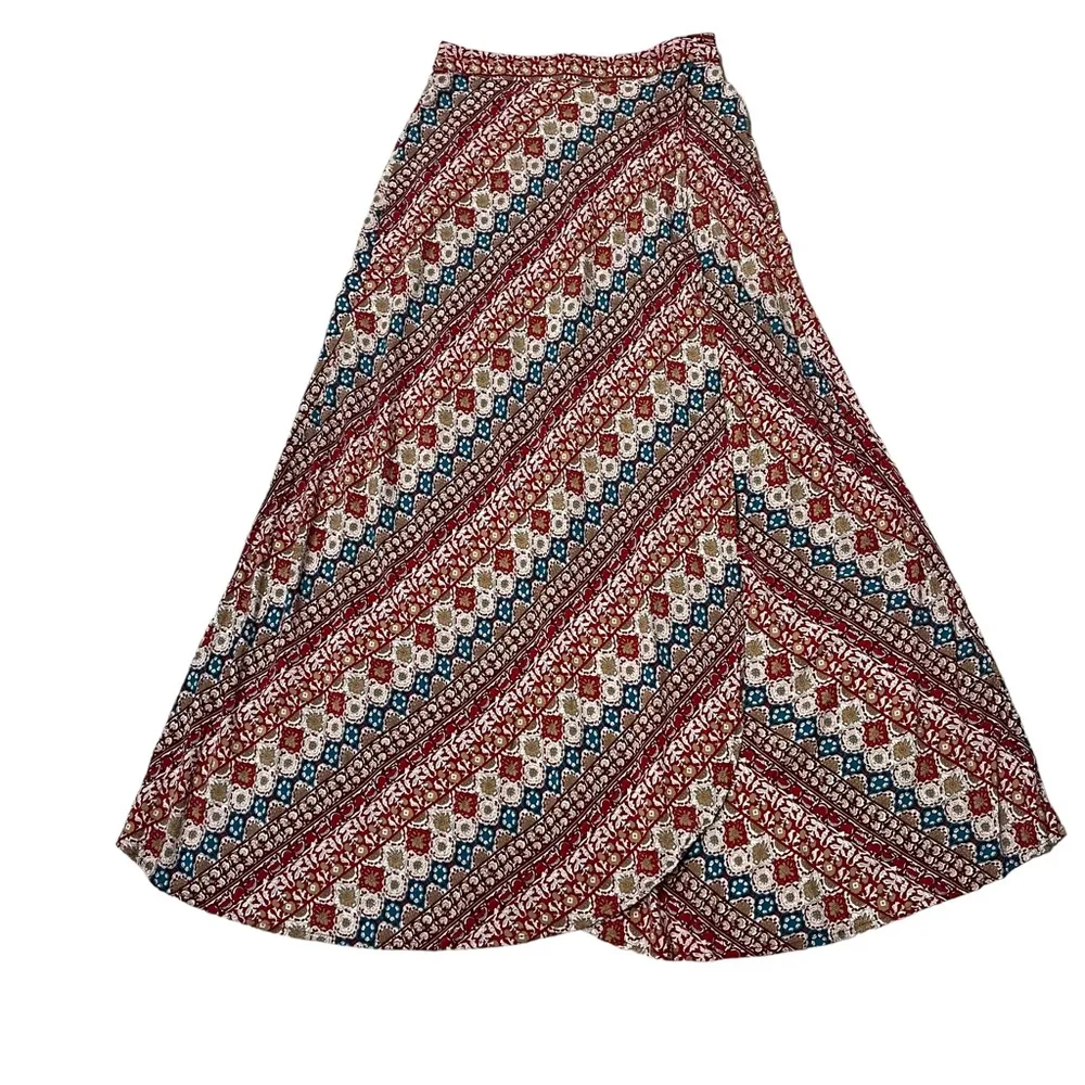 Earthbound Trading faux wrap geometric red, tan, blue boho maxi skirt, Sz M - Image 6