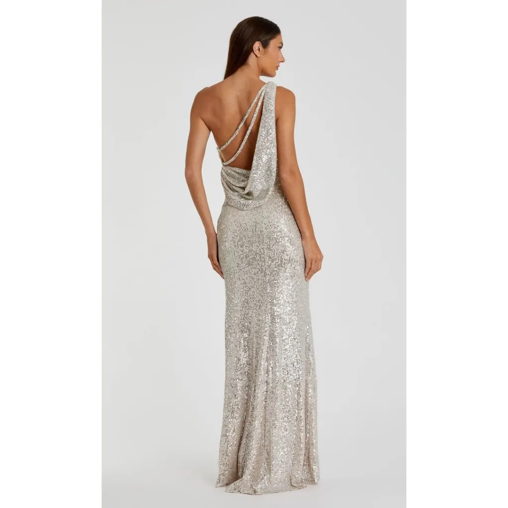 MAC DUGGAL Sequined One Shoulder Draped Back Gown in Silver Size US 4 - Image 2