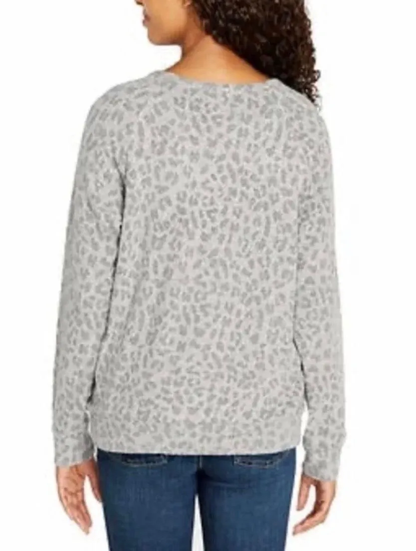 Heather Gray Leopard Print Plush Knit Sweatshirt Size M - Image 2