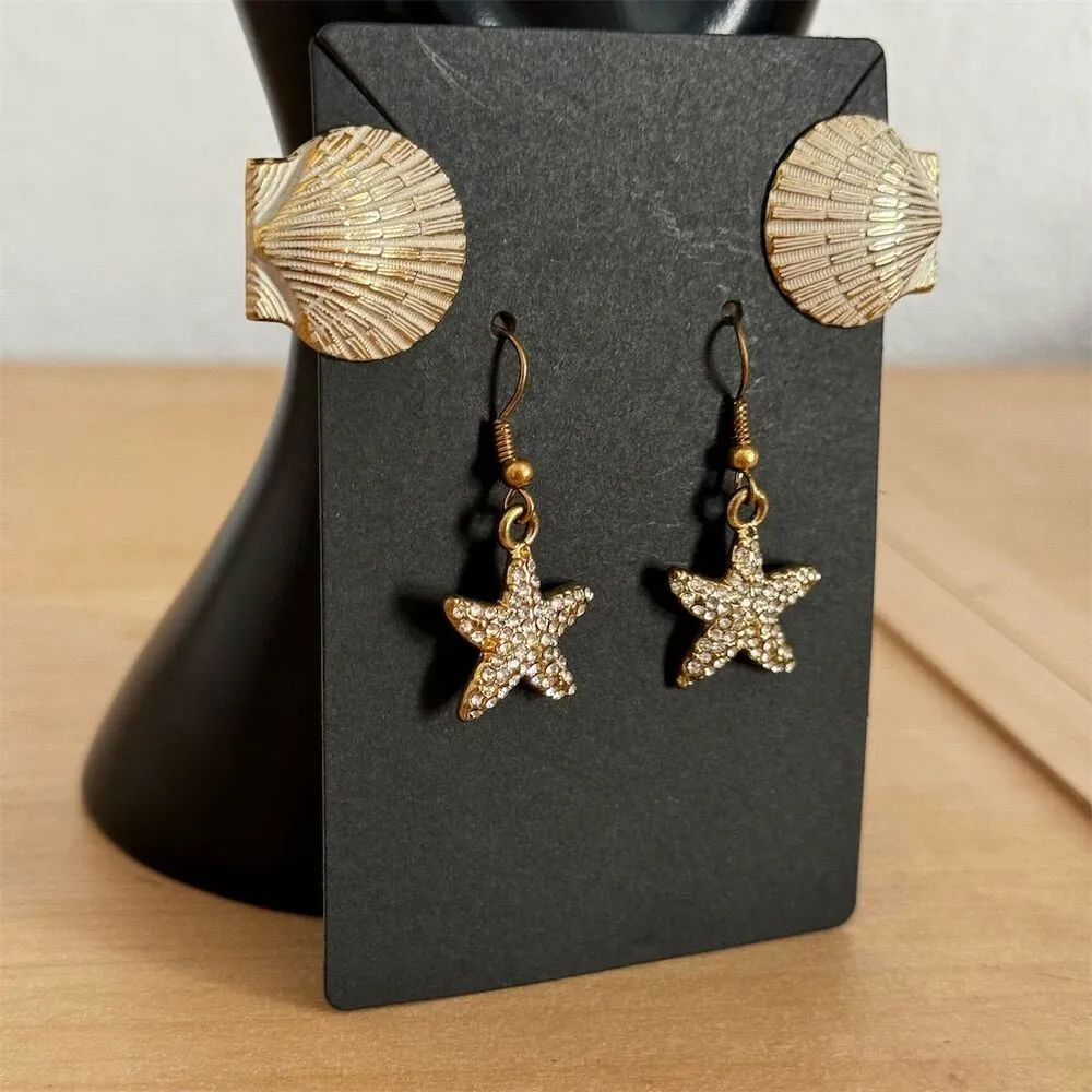 Women Gold Starfish Seashell Dangle Earrings Beach Ocean Coastal Wedding Jewelry - Image 2